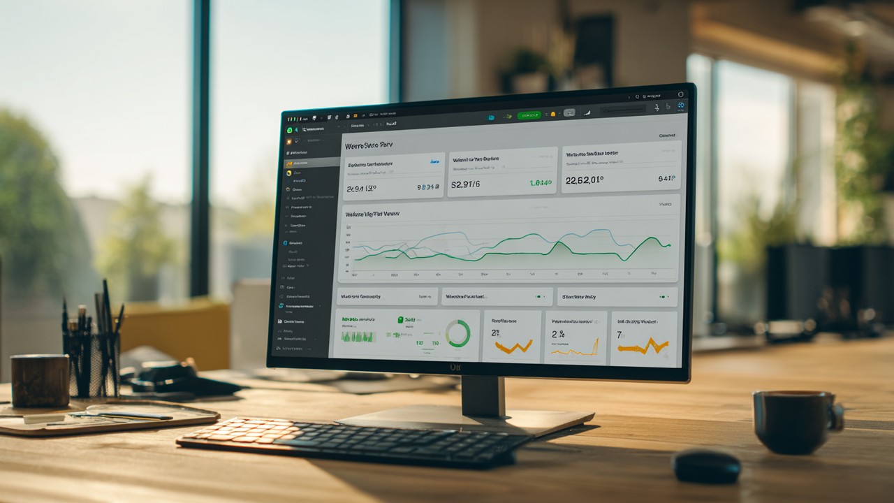 Close-up of a computer screen displaying a WordPress dashboard with website performance metrics in a modern, well-lit workspace, emphasizing website optimization and monitoring.