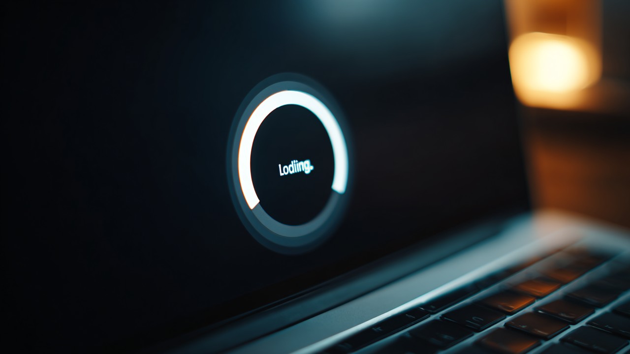 Close-up of a computer screen showing a loading webpage with a spinning icon, illustrating slow website response and user frustration.