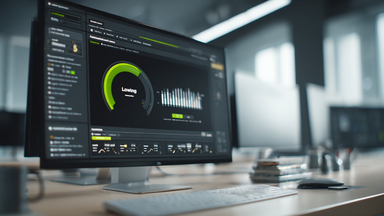 Capture d'écran d'un ordinateur professionnel affichant une barre de chargement de site web et le panneau d'activité réseau pour l'optimisation des performances.