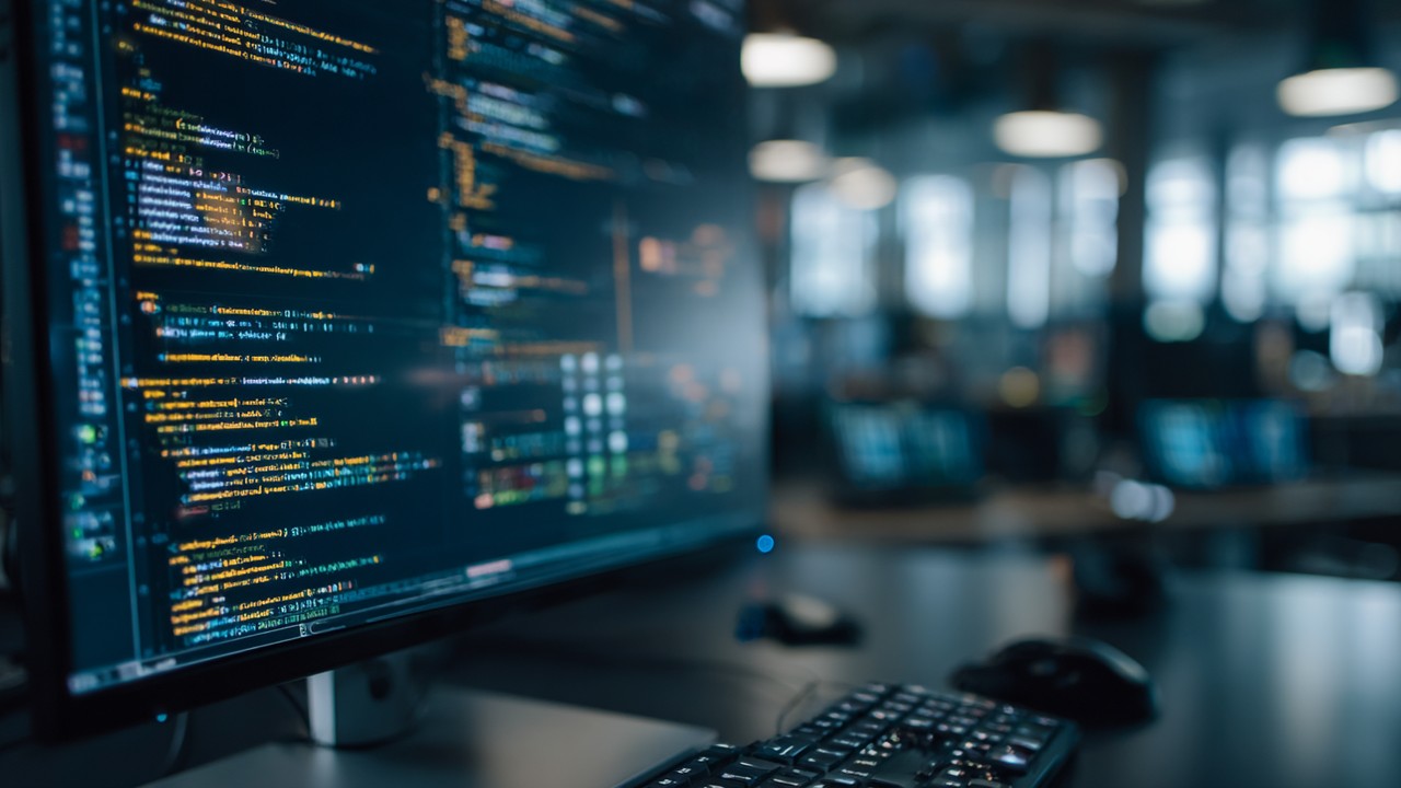 Close-up of a computer screen showing network data and code, with a developer in a modern workspace focusing on web performance optimization.
