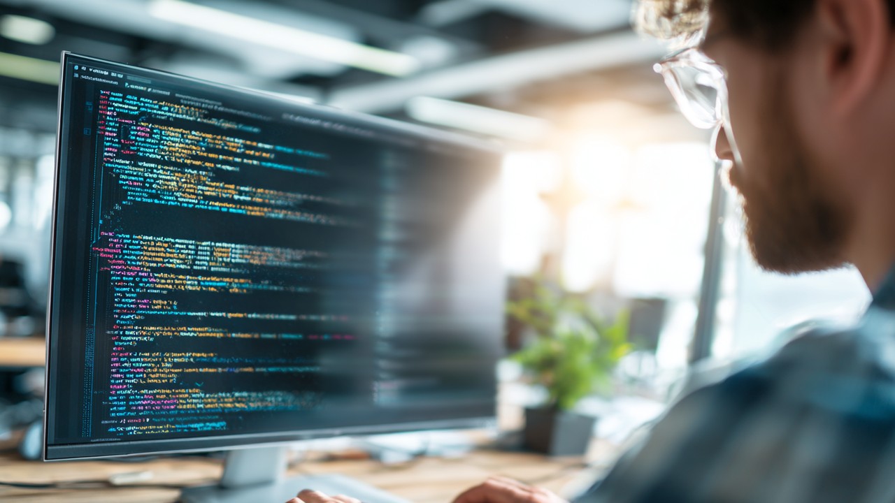Close-up of a developer working on a computer screen with network code and browser tabs in a bright office, highlighting web performance optimization.