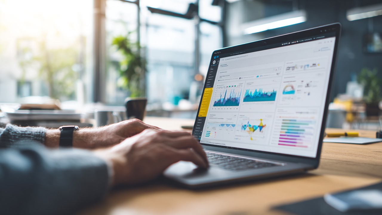 Close-up of a developer working on a laptop in a bright office, displaying a WordPress dashboard with performance analytics and database optimization graphs.