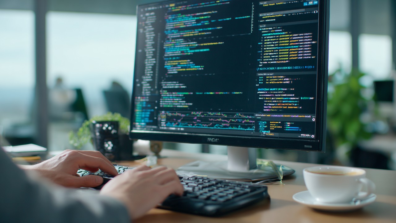 Close-up of a developer's hands typing PHP code on a computer with performance graphs, coffee cup, natural lighting, organized workspace.