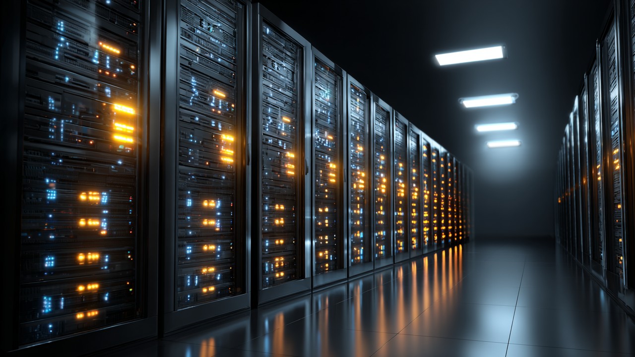 Close-up of a high-performance server rack with glowing status lights, symbolizing efficient PHP-FPM worker process management in a modern data center.