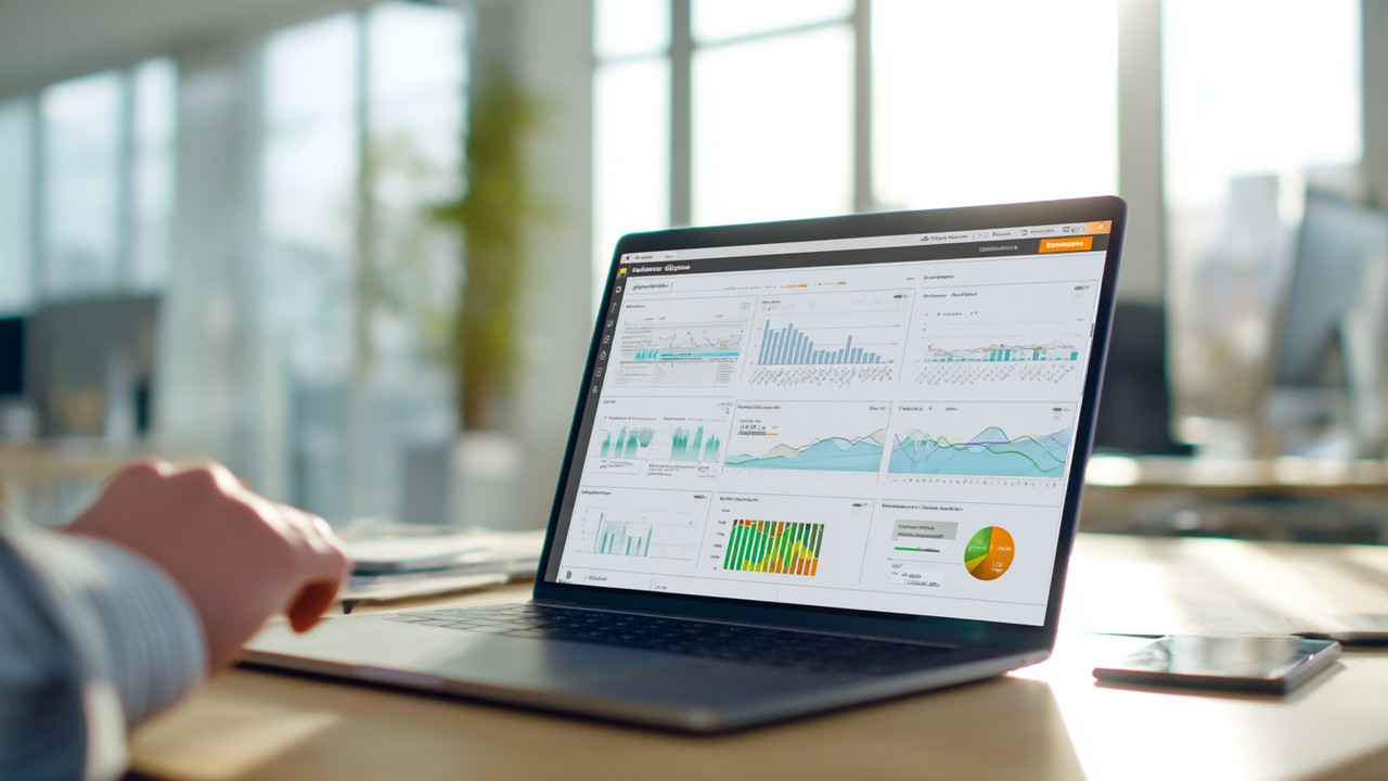 Close-up of a modern laptop screen displaying website analytics and graphs, with a focused professional analyzing data in a bright office.
