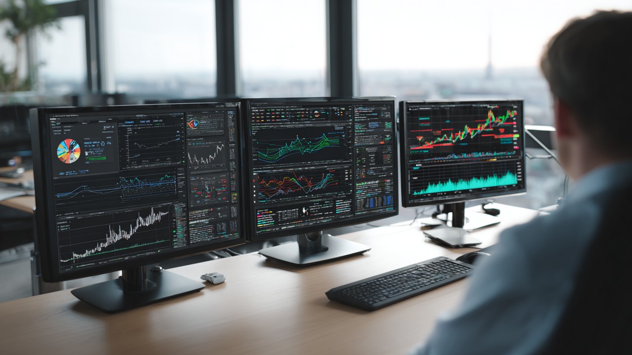 Close-up of a modern office desk with multiple computer screens showing blockchain data and graphs, programmer analyzing performance metrics in a professional, organized workspace.