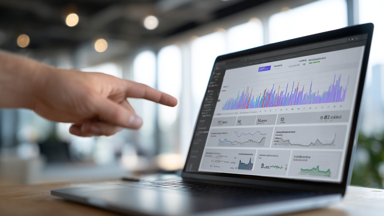 Close-up of a person pointing at a laptop screen displaying a website performance audit with waterfall charts and timing metrics in a modern workspace.