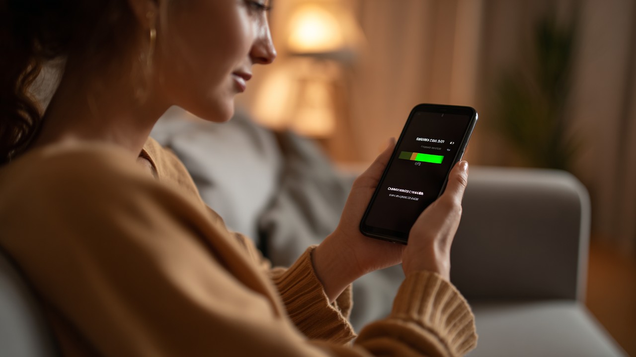 Close-up of a person using a smartphone to complete an online purchase with a loading progress indicator, highlighting digital transaction efficiency.