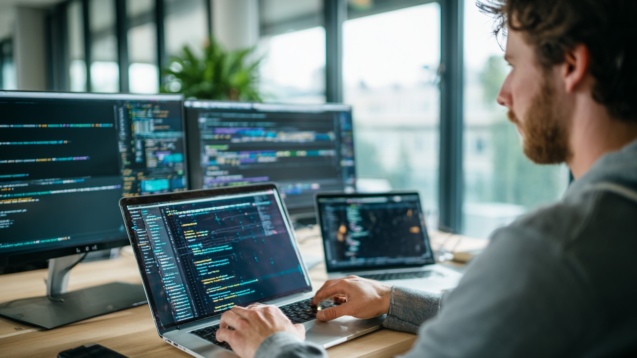 Close-up of a professional software developer working on a laptop with multiple screens displaying code and performance metrics in a modern, well-lit office, emphasizing web performance tuning and website speed optimization.