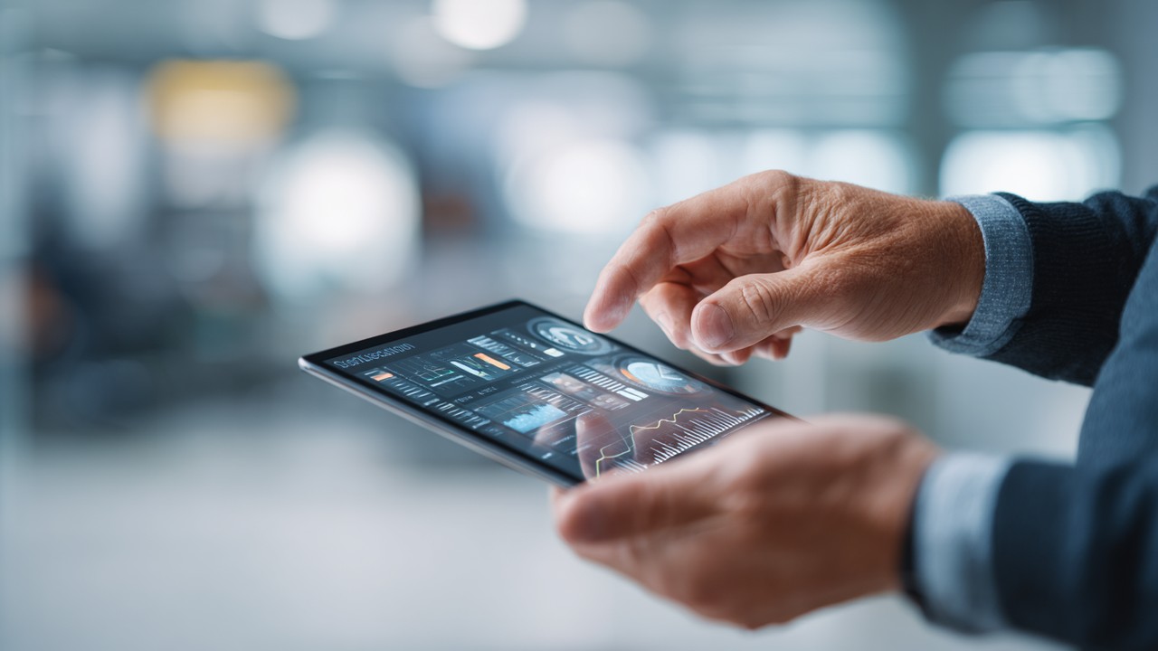 Close-up of a professional's hands comparing synthetic monitoring tool options on a digital tablet in a modern office, emphasizing performance monitoring.
