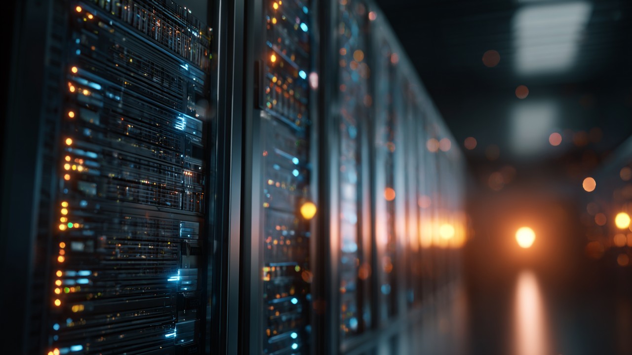 Close-up of a server room with racks of servers and blinking lights, highlighting critical web application infrastructure under ambient lighting.