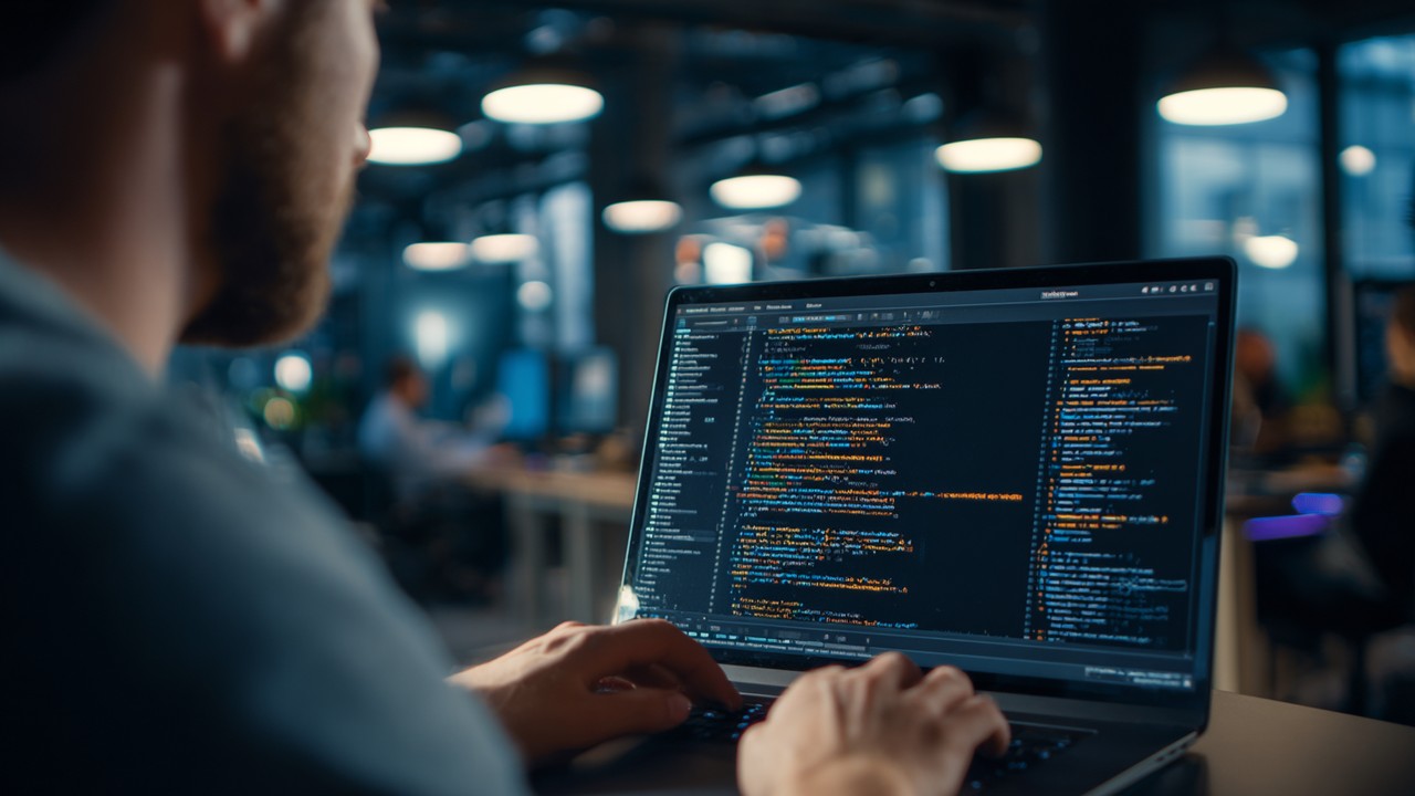Close-up of a software developer working on code in a dark-themed editor, crafting custom Varnish Configuration Language (VCL) rules in a modern office.