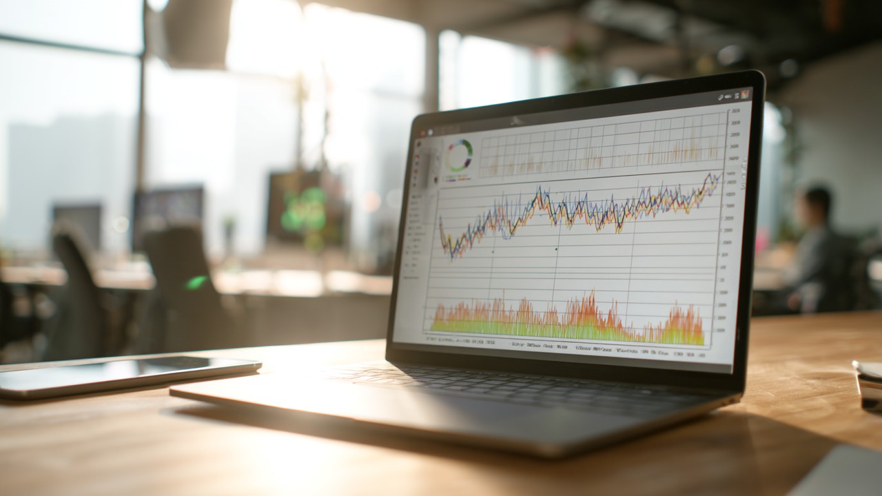 Close-up of laptop screen showing network performance graphs and data charts with professional analyzing internet connection.