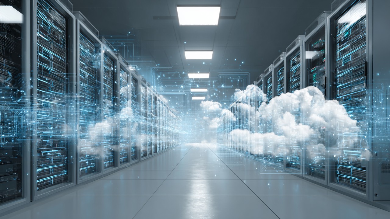 Cloud computing data center with digital overlays of quantum circuit diagrams and cloud network connections, illustrating quantum-enhanced cloud infrastructure.