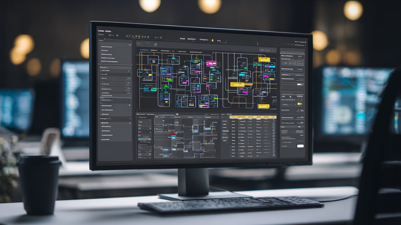 Computer screen showing complex database schema with highlighted product tables and indexes, data engineer optimizing queries.