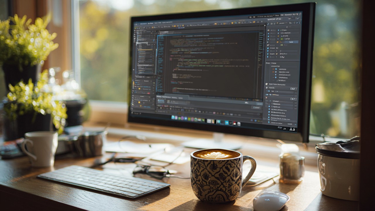 Computer screen showing WordPress caching plugin settings in a cozy workspace with notes and a coffee cup, optimizing website performance.