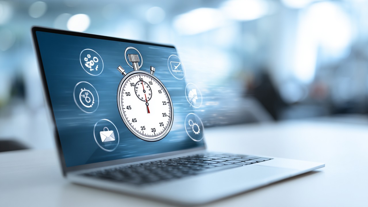 Conceptual image of a fast-loading website on a laptop screen with SEO icons and a stopwatch in a modern workspace, symbolizing website speed and search engine optimization.