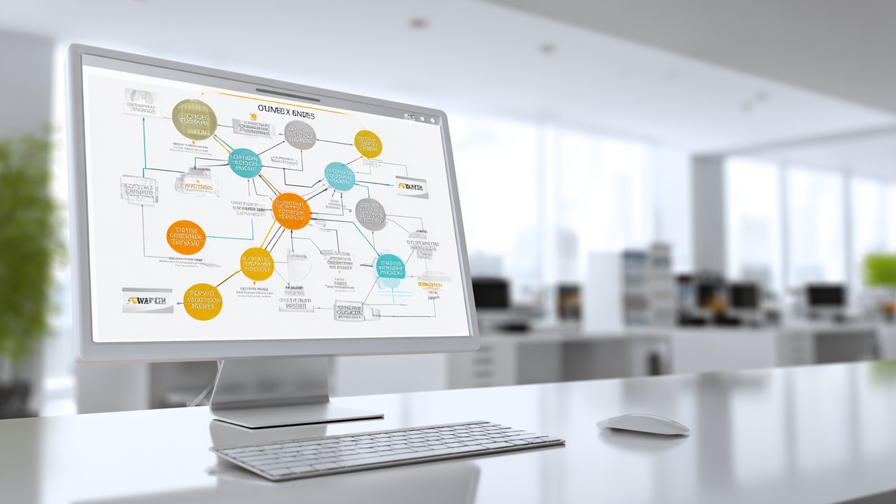 Conceptual website URL structure diagram showing subdomains and subdirectories on a computer screen in a bright office setting, illustrating website architecture.