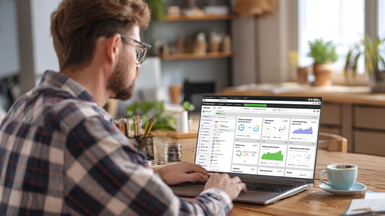 Confident website administrator working on a laptop with multiple browser tabs open for caching plugins and performance monitoring in a cozy home office.