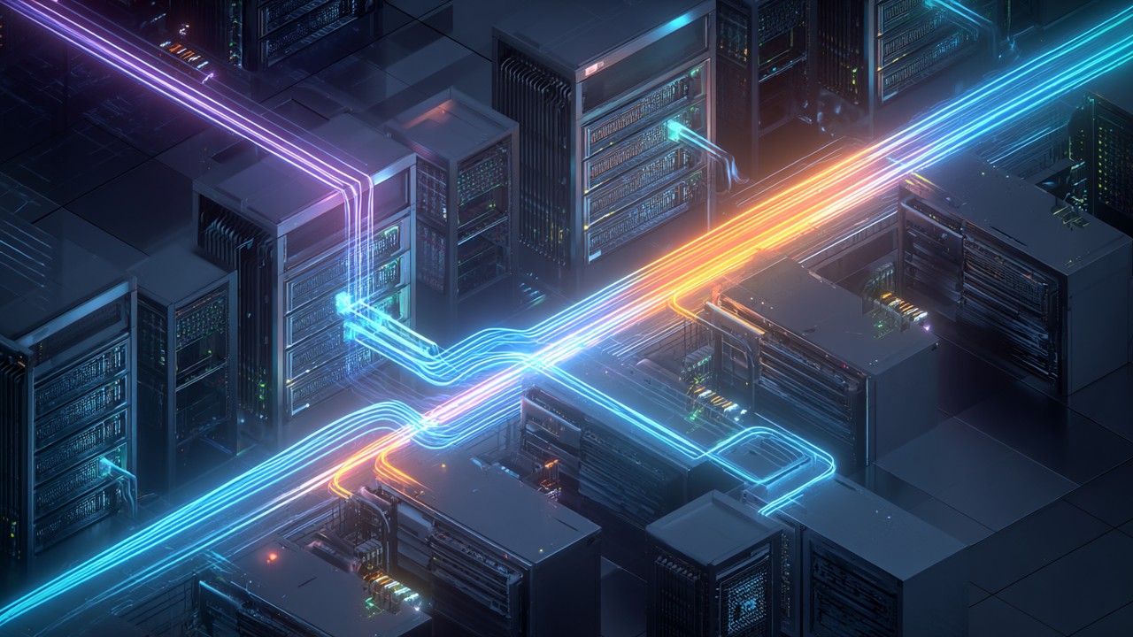 Detailed illustration of internet data flow from TCP to QUIC protocol, showing multiplexed data streams over UDP in a modern server room with glowing network cables.