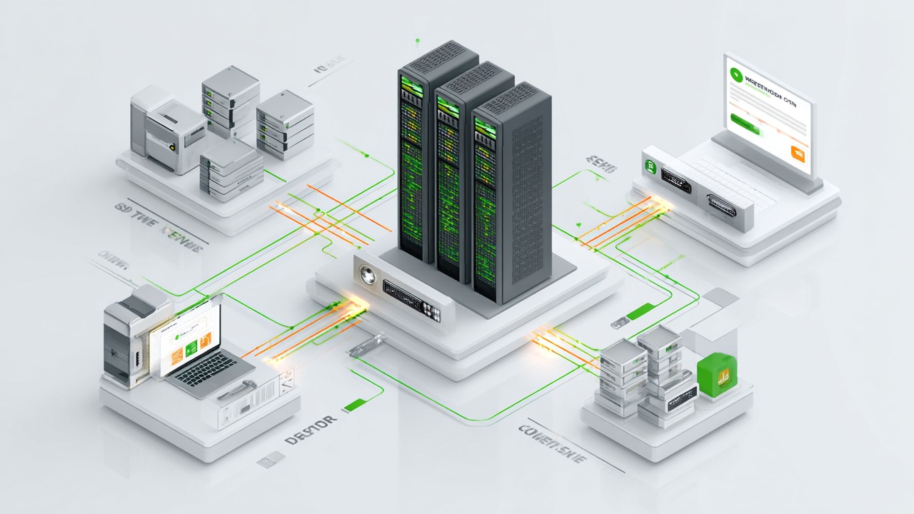 Detailed illustration of web request process showing DNS lookup, connection setup, and server response in a modern tech environment.