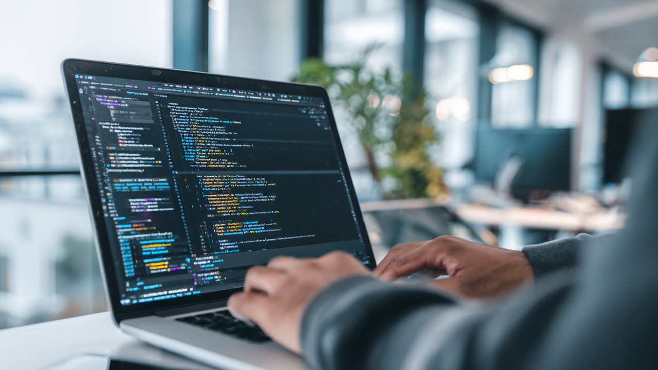 Developer configuring caching settings on a laptop with code editors and performance monitoring tools in a modern workspace, emphasizing optimization.