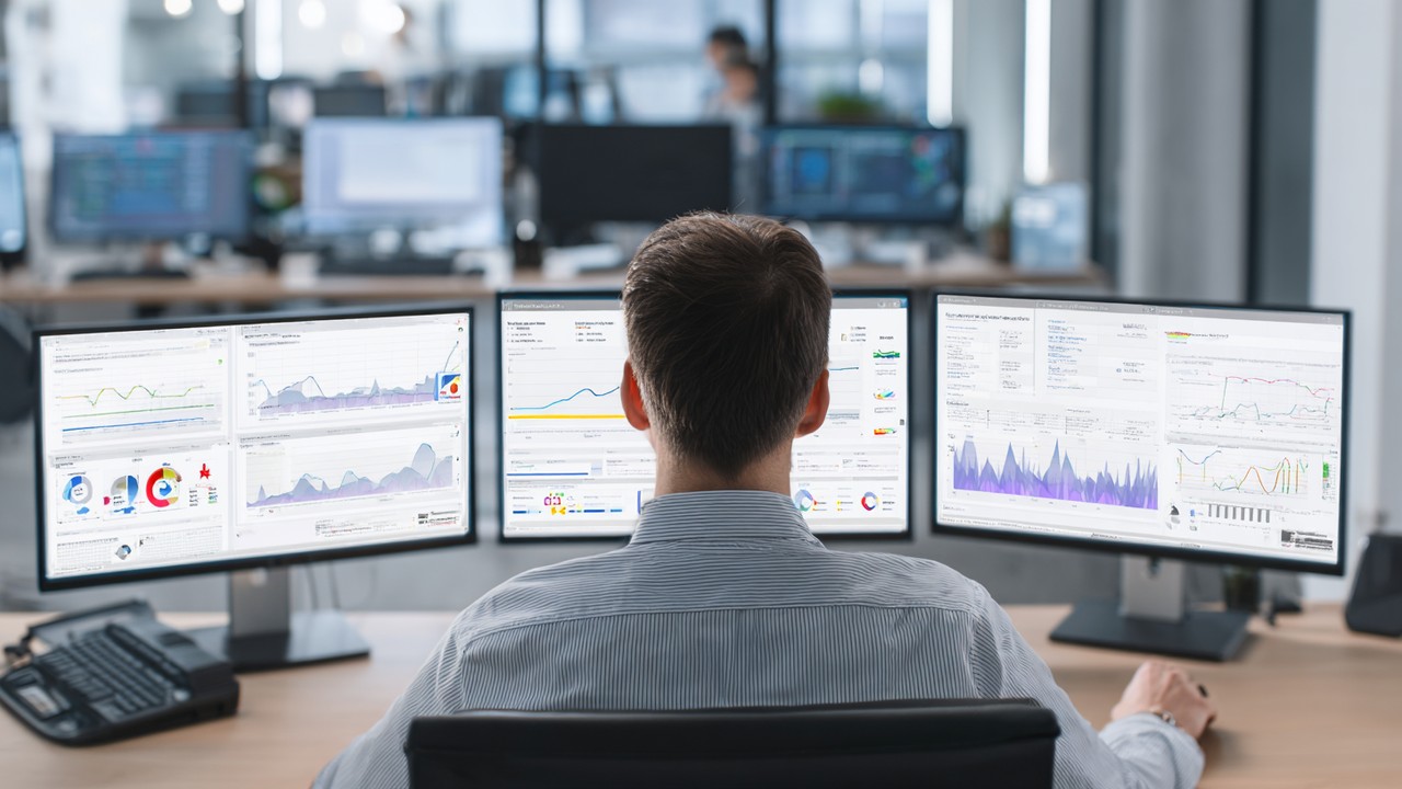 Developer monitoring database performance metrics and server response times on multiple screens in modern tech office.