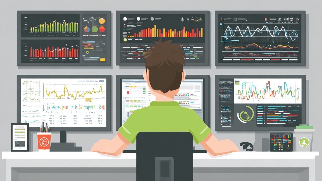 Developer working at a desk with multiple screens displaying performance charts, memory usage graphs, and PHP code for application optimization.