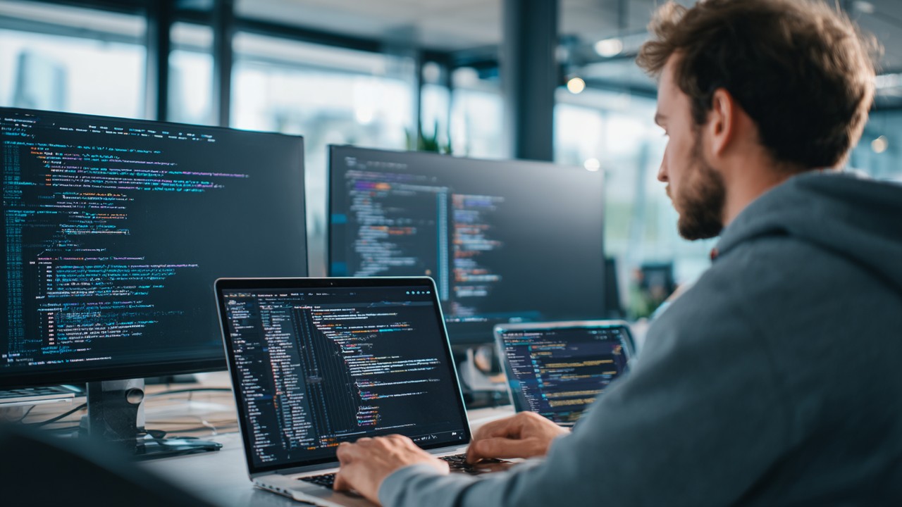 Développeur travaillant sur un ordinateur portable avec écrans affichant du code et des tableaux de bord de surveillance serveur, illustrant l'optimisation du stockage de session et la performance des applications.