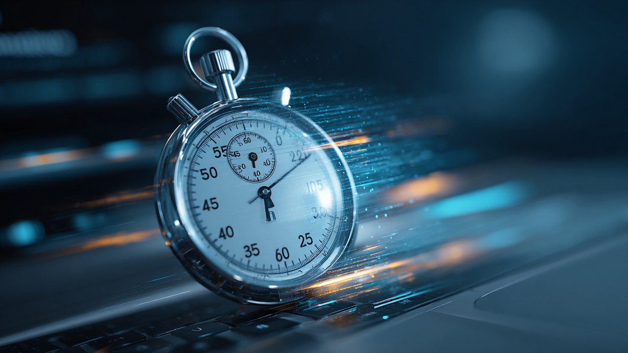 Digital stopwatch overlay on blurred web browser loading page, symbolizing web server response time and website performance monitoring.