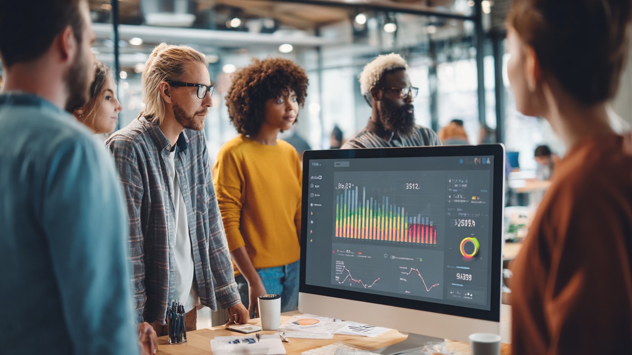 Équipe diversifiée de professionnels IT collaborant autour d’un tableau de bord numérique affichant des graphiques de performance du site web et temps de réponse serveur dans un espace de travail moderne.