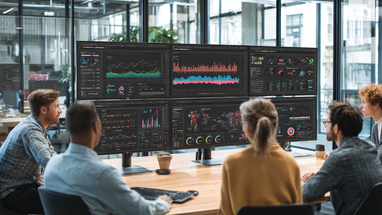 Diverse IT professionals collaborating in a modern office, analyzing application performance dashboards with graphs and metrics.
