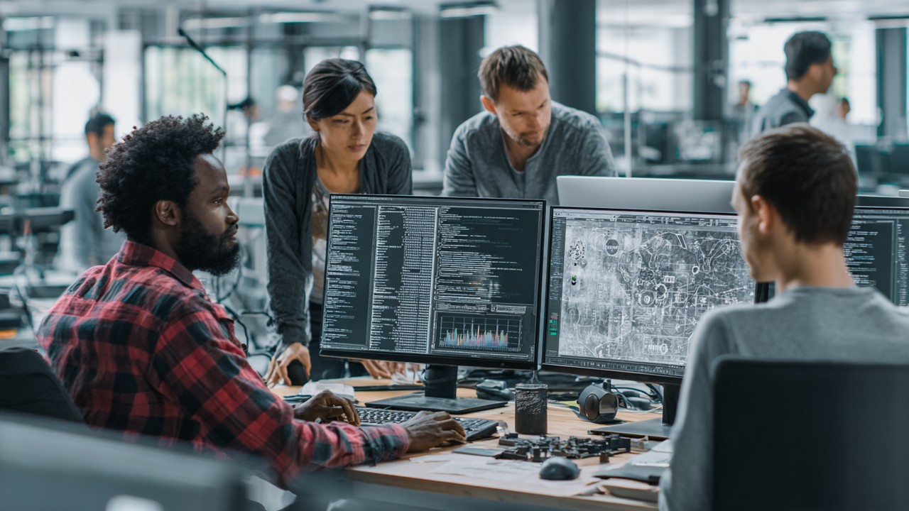 Diverse IT professionals collaborating in a modern office with screens displaying quantum computing code, performance graphs, and cloud infrastructure diagrams.