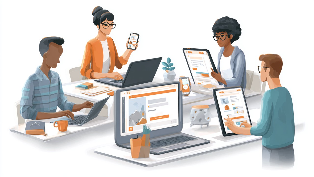 Groupe divers d'utilisateurs interagissant avec des appareils numériques pour achats en ligne, remplissage de formulaires et onboarding, dans un environnement moderne et lumineux.