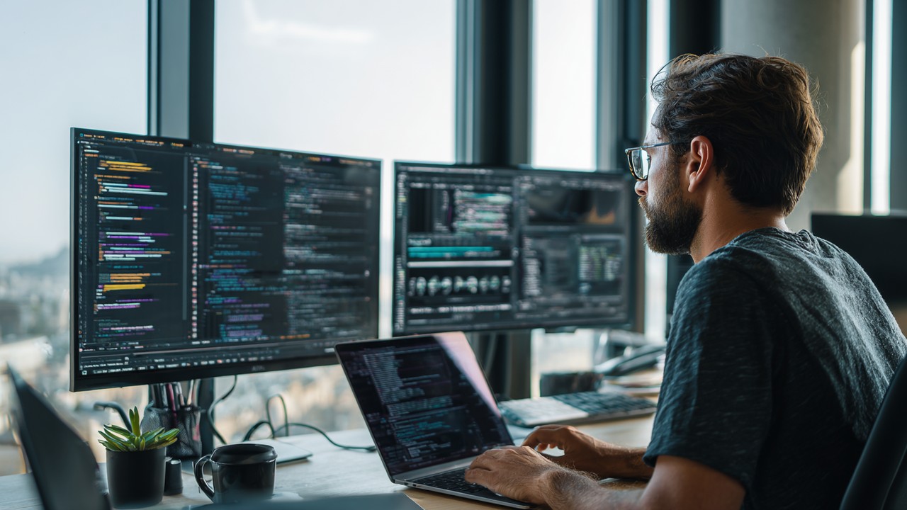 Focused web developer working at a modern desk with multiple monitors displaying code and analytics in a professional, daylight-filled office.