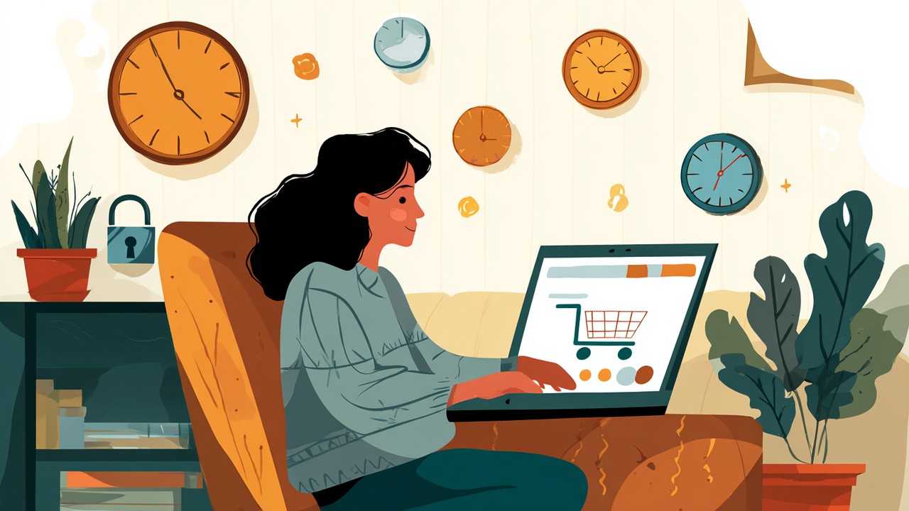 Frustrated online shopper using a laptop with slow-loading shopping cart, surrounded by clocks and padlocks symbolizing session locking and race conditions in a cozy home setting.