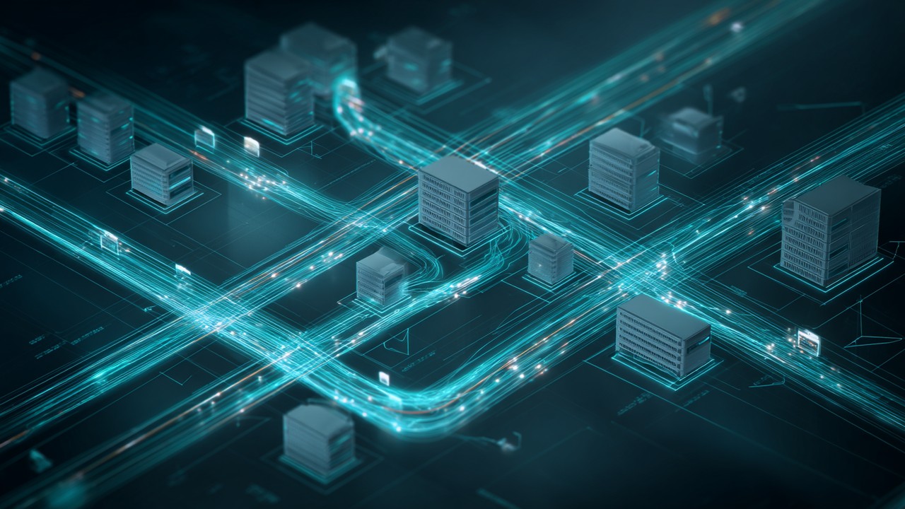 Futuristic digital illustration of network protocols showing data streams between servers and clients, emphasizing HTTP/2 and QUIC.