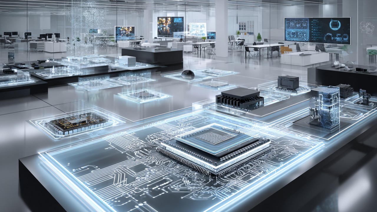 Futuristic high-tech lab showcasing advanced edge AI concepts with neuromorphic chips, holographic interfaces, and 6G wireless symbols.