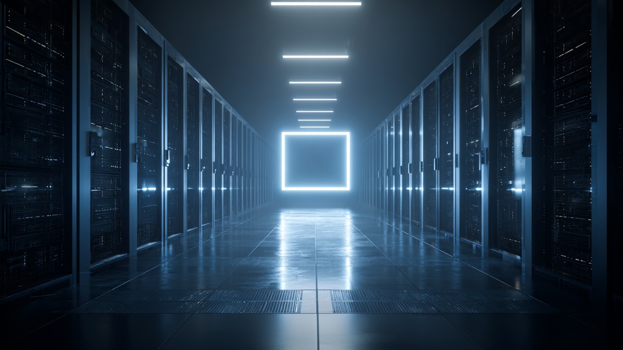 Futuristic server room featuring classical servers and a glowing quantum computer module, symbolizing hybrid classical-quantum architectures for enhanced backend processing and web performance.