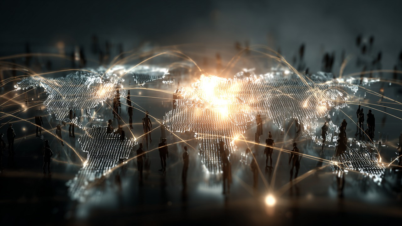 Global content delivery network concept with glowing world map nodes, data flow lines, and IT professionals in data center.