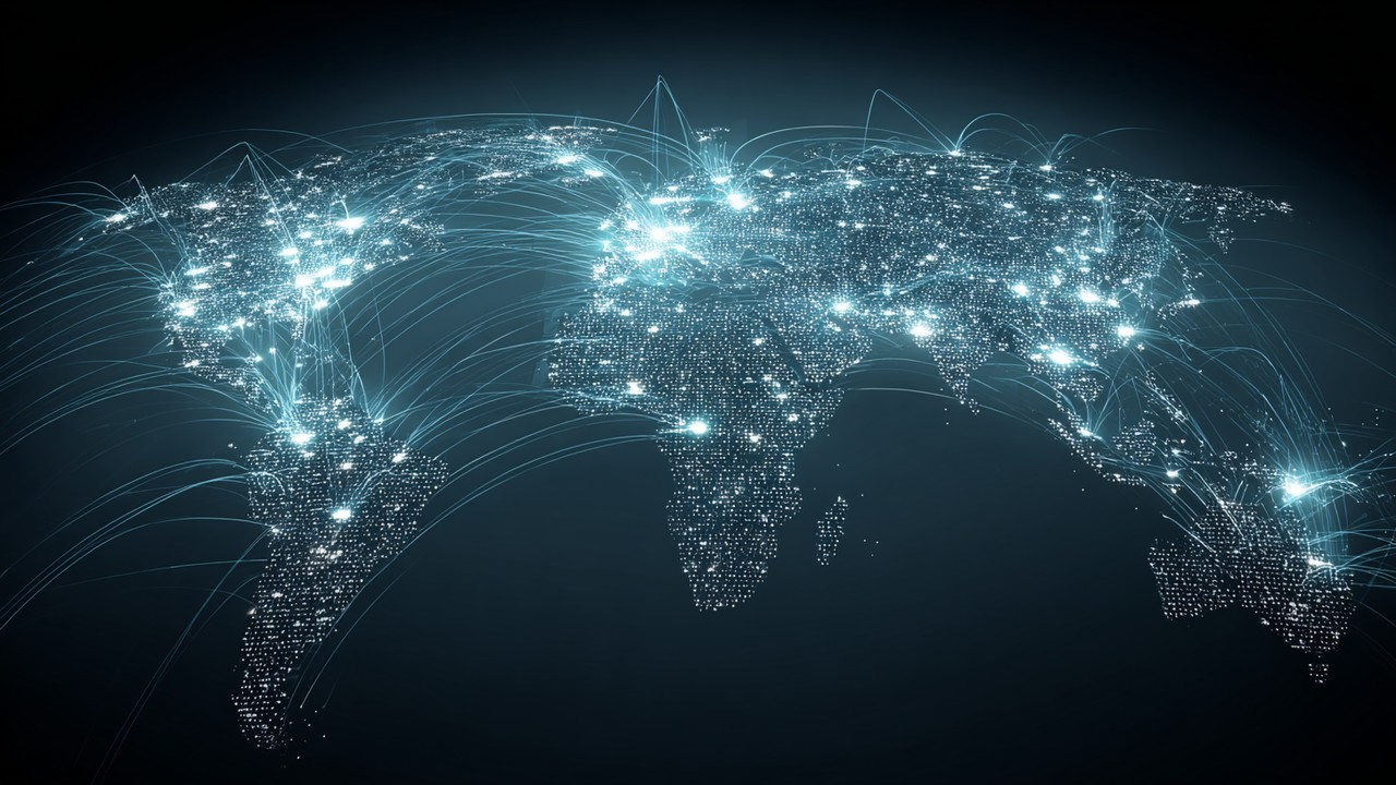 Global map visualization showing glowing test points and network lines for internet performance testing and latency analysis.