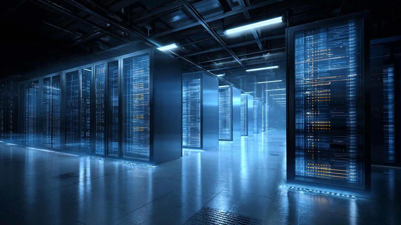 Salle de serveurs moderne avec racks d’équipements réseau et éclairage bleu, illustrant l’infrastructure backend et le stockage de données.