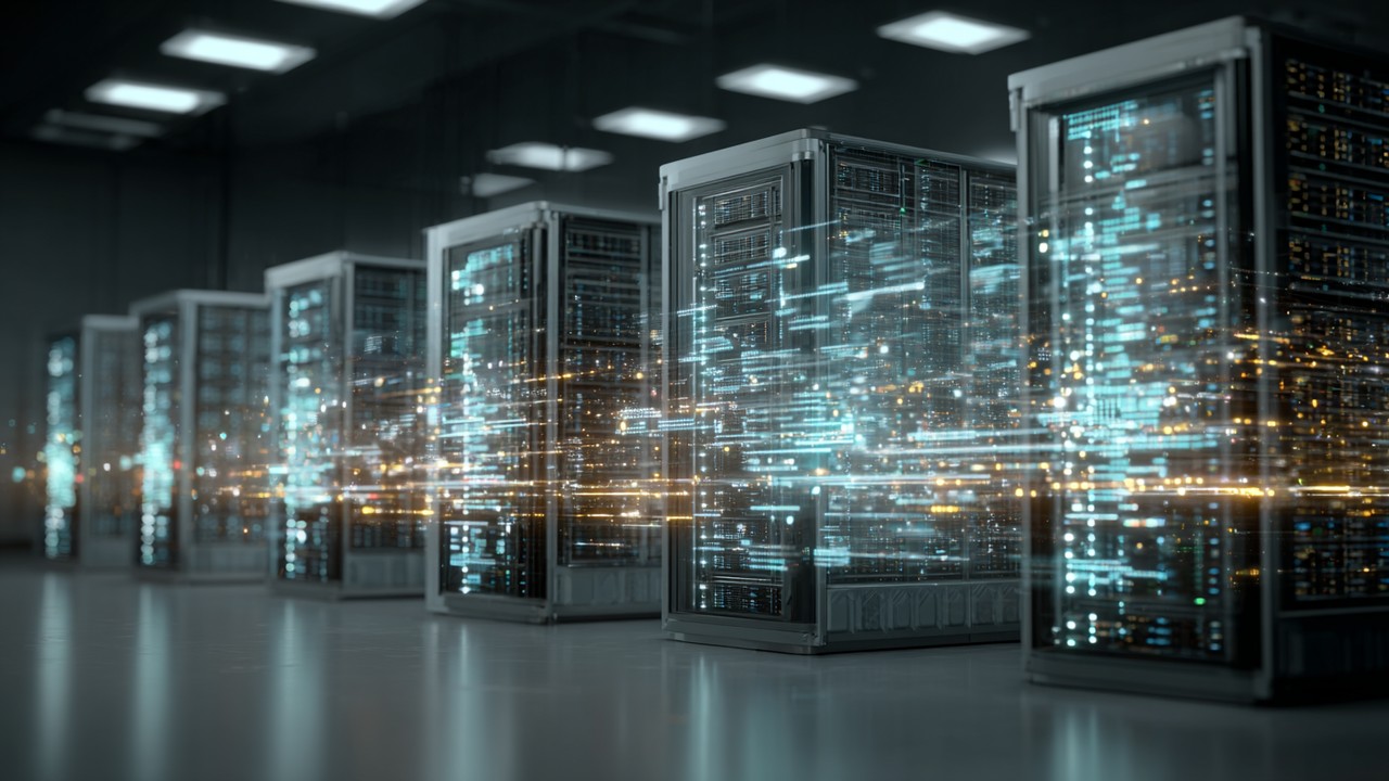 High-quality stock photo of a web server room with server racks and digital overlay illustrating cached web pages for improved website performance.