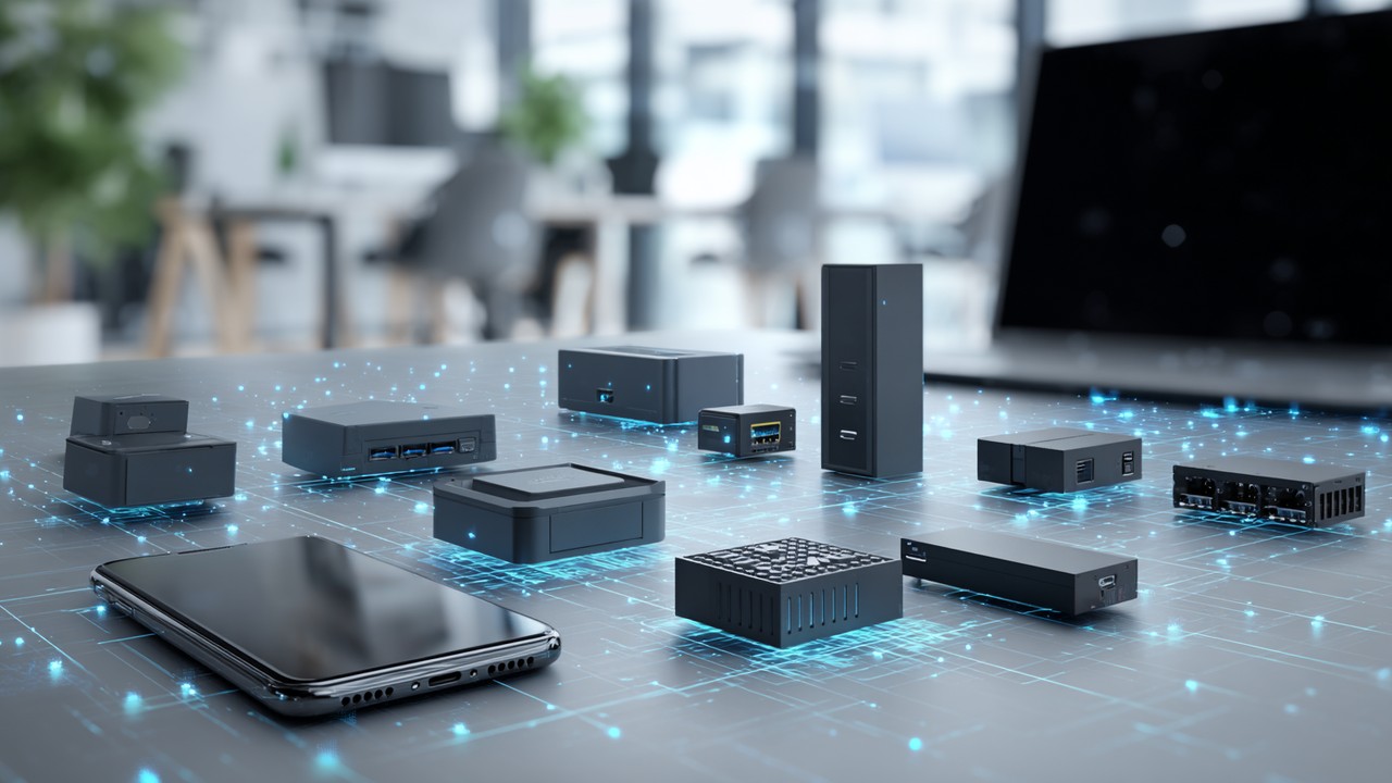 High-quality stock photo of smartphones, IoT sensors, gateways, and embedded systems on a clean surface with digital network overlay, illustrating local AI processing in modern tech environments.