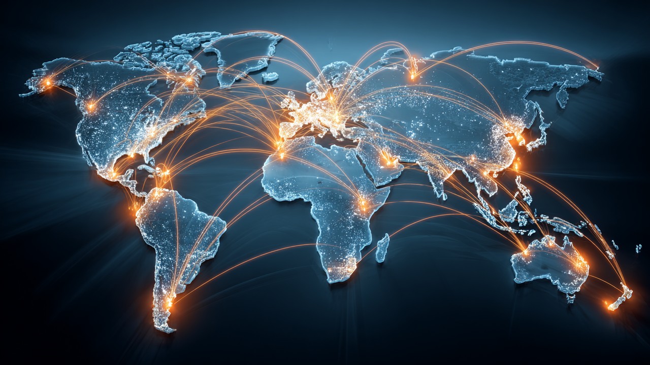 High-resolution world map with glowing server location points and light trails illustrating global CDN network and data transfer.