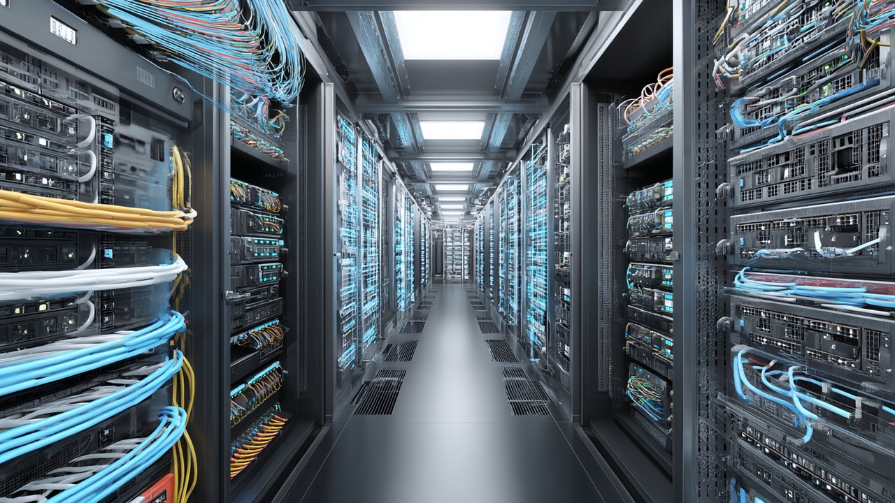 High-tech data center with fiber optic cables and servers, showcasing global connectivity and fast data transmission in a professional environment.