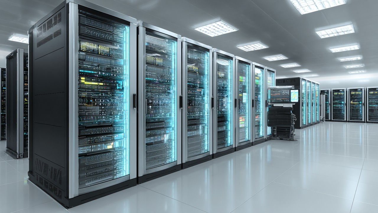 High-tech modern web server room with server racks, glowing network cables, and bright, clean lighting, showcasing data infrastructure.