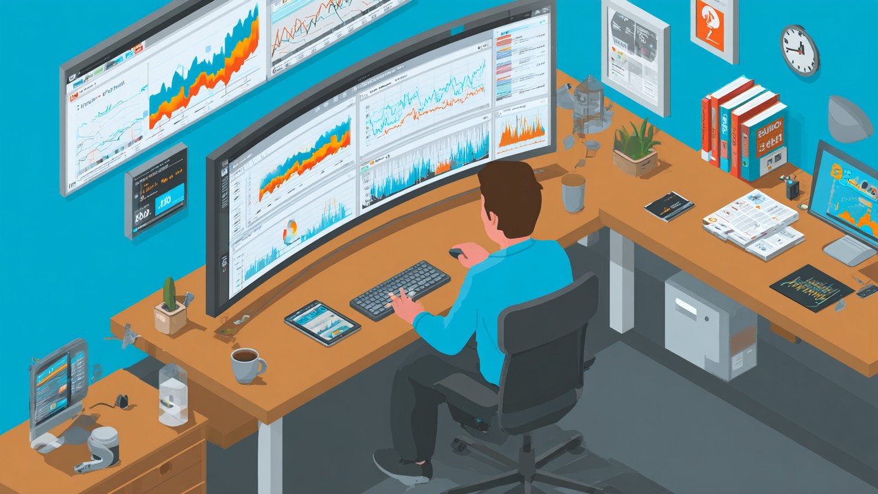 High-tech workspace with a user analyzing website performance metrics on a large monitor, focusing on TTFB improvements and site speed optimization.