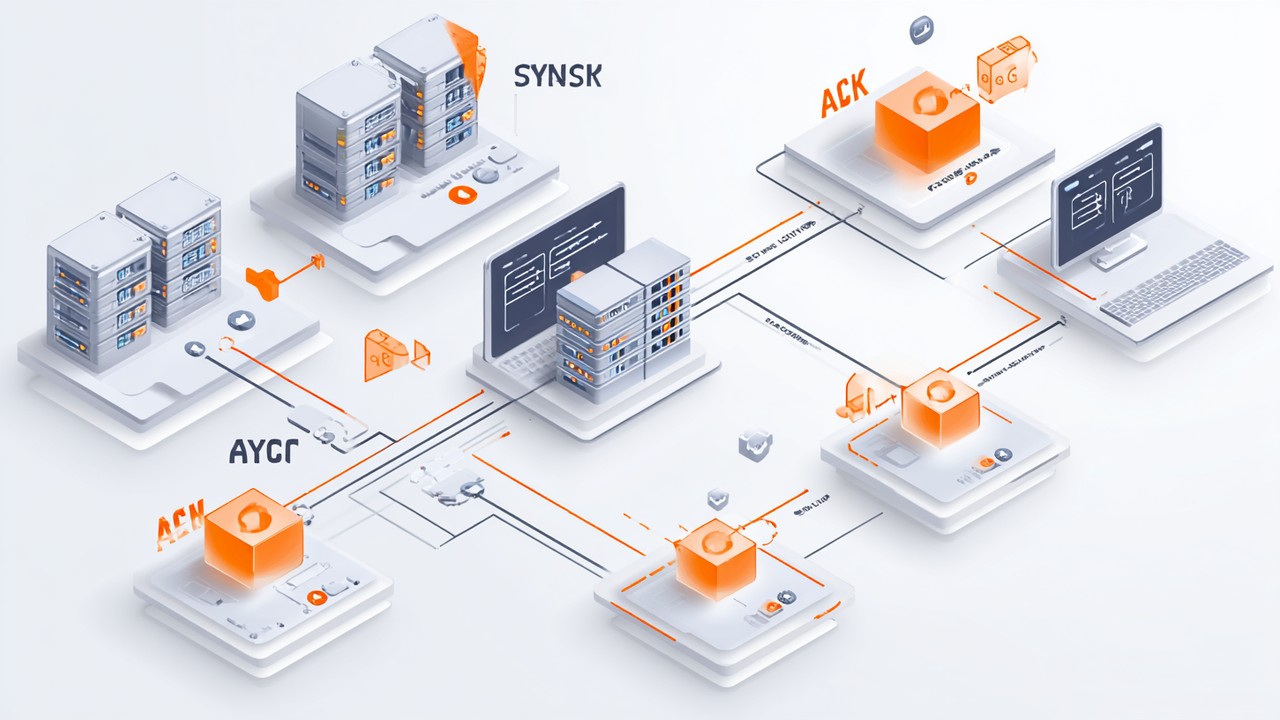 Illustration of TCP connection handshake and slow start showing SYN, SYN-ACK, ACK packets and data flow between client and server.