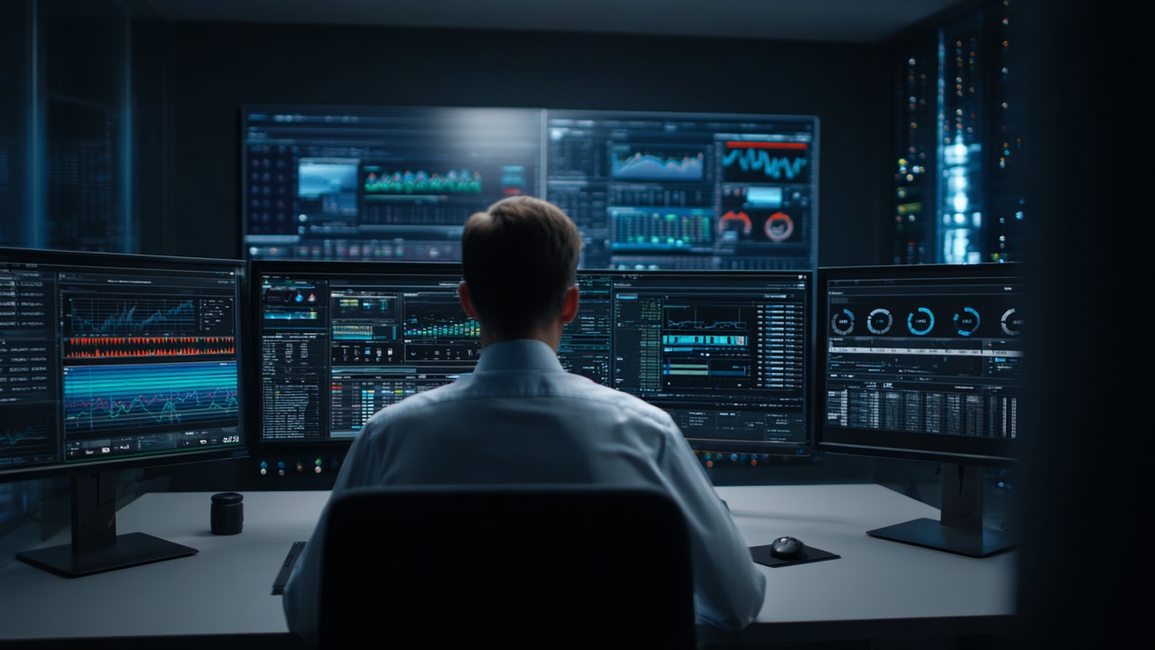 IT professional analyzing server performance data on multiple monitors in a dimly lit control room, troubleshooting network bottlenecks.